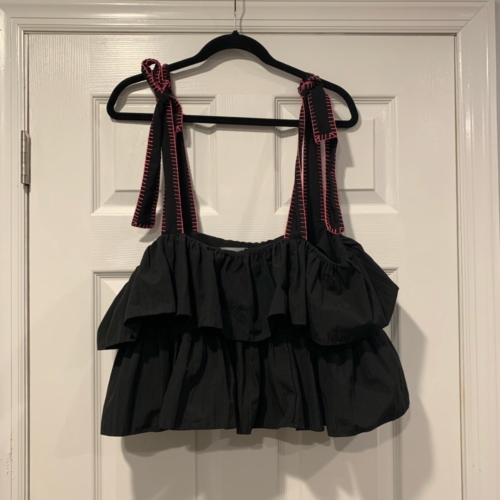 SALONI Jools Black Embroidered Sleeveless Ruffle Crop Top